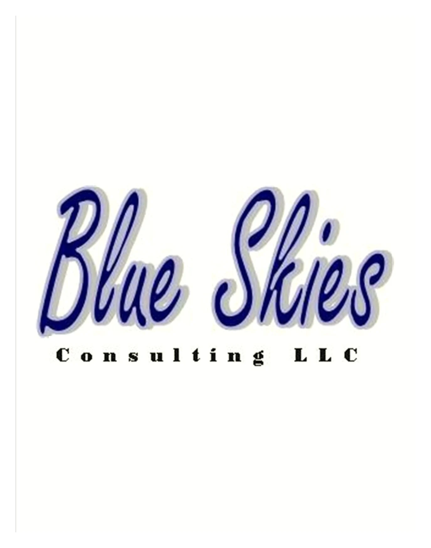 The previous Blue Skies Consulting logo — navy script with a hard gray drop shadow above a letterspaced black serif line
