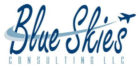 Blue Skies Consulting logo — a navy script wordmark with a pale blue contrail sweeping through it, ending in a small jet