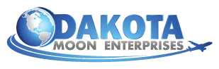 Dakota Moon Enterprises logo — a blue globe with orbit swooshes and a small aircraft beside a bold wordmark