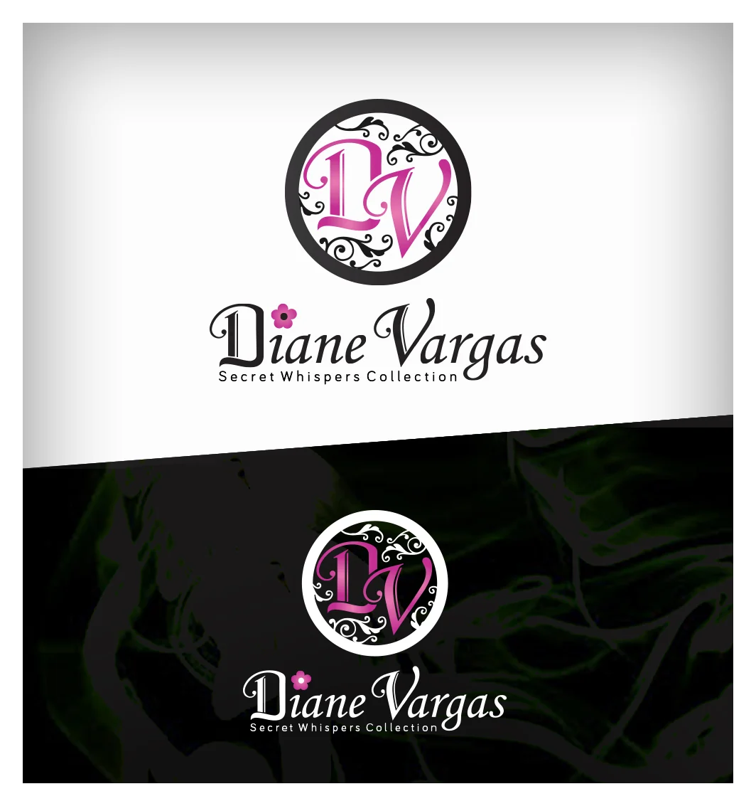 Diane Vargas logo — a magenta DV monogram in a black filigree circle above a script wordmark, shown on light and dark backgrounds
