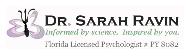 Dr. Sarah Ravin logo — a lilac and sage butterfly beside a serif name, a tagline and a license number