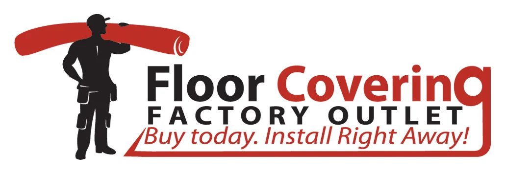 Floor Covering Factory Outlet logo — a black silhouette of an installer carrying a red carpet roll beside the business name