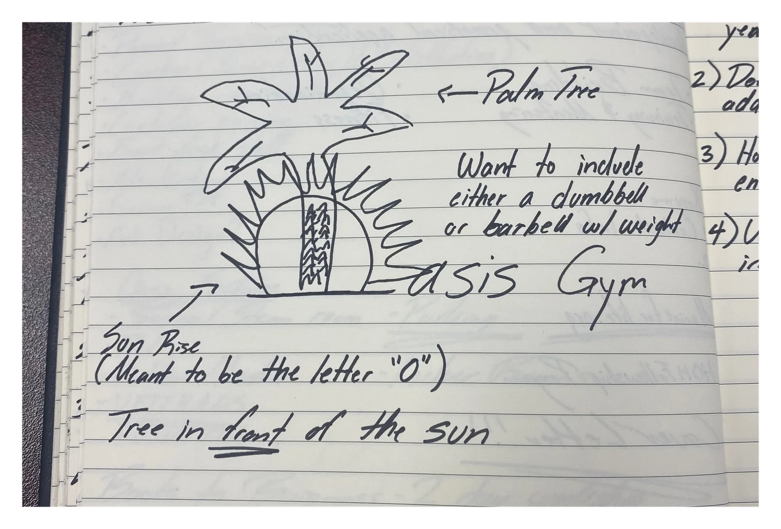 The client's notebook sketch: a palm tree in front of a rising sun that doubles as the letter O, with handwritten notes