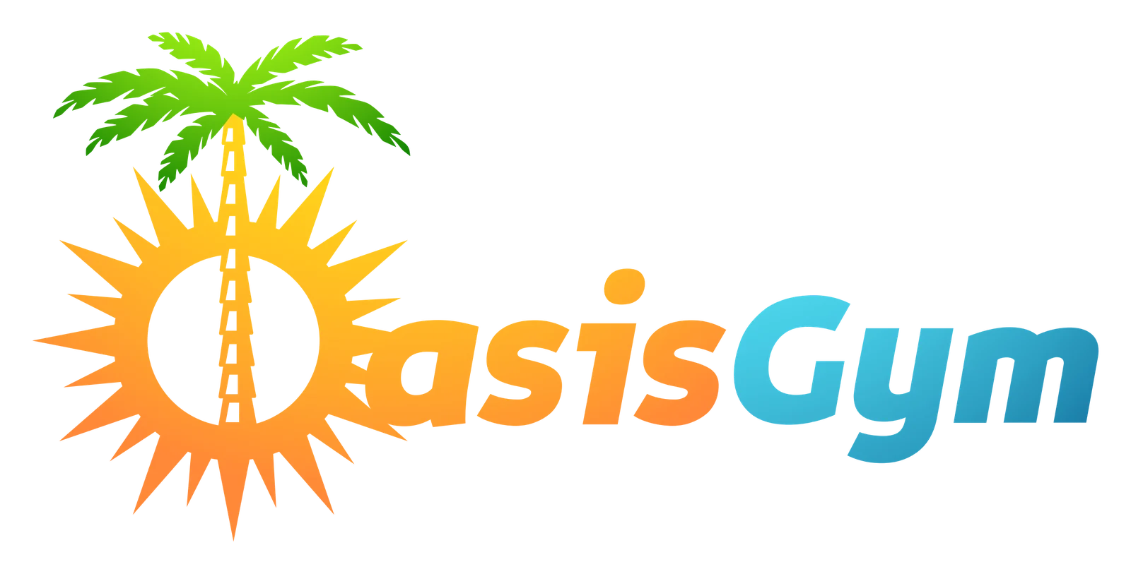 Oasis Gym logo — a spiked orange sun forming the letter O with a green palm tree through it, beside the word Gym in cyan