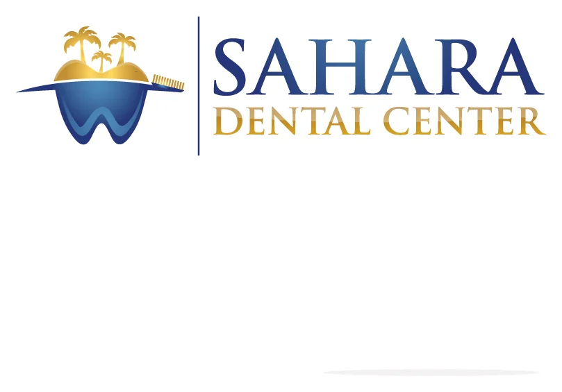 Sahara Dental Center logo — a tooth whose top becomes a gold desert dune with palm trees, beside a navy serif wordmark