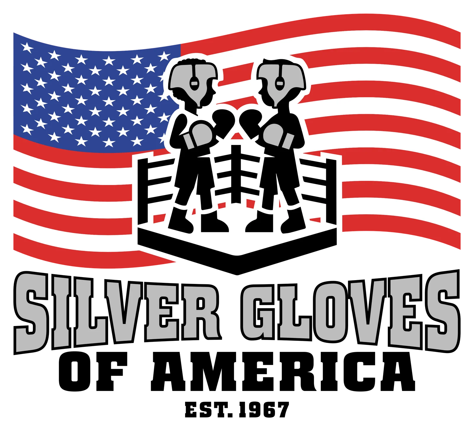 Silver Gloves of America logo — two young boxers facing off in a ring over a United States flag, above collegiate block lettering