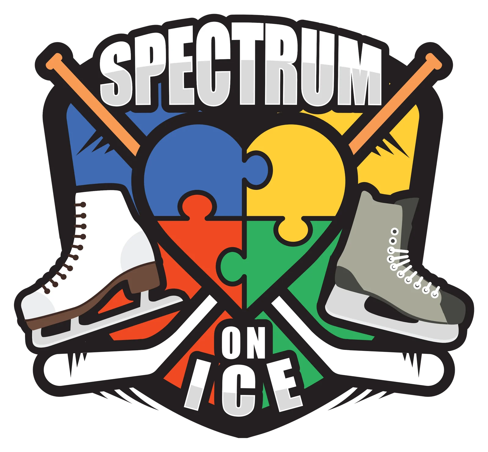 Spectrum on Ice logo — a shield badge with crossed hockey sticks, a figure skate and a hockey skate flanking a heart made of four puzzle pieces
