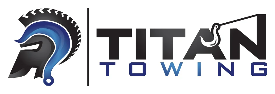 Titan Towing logo — a Spartan helmet whose crest is a tire tread, beside heavy block lettering with a tow hook hanging from it