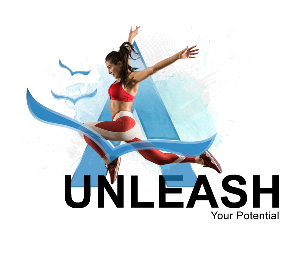 A runner leaping mid-air across the Aliante mark, above the words Unleash Your Potential
